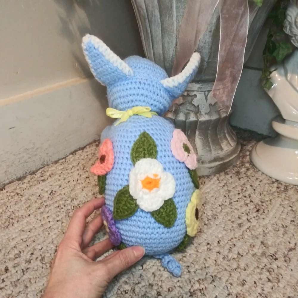 3/$18 Vtge. Blue/White Hand Crocheted Cottagecore Style Pig With Pastel Flowers